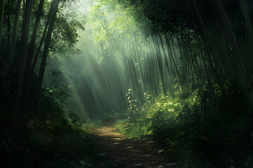 Obraz premium Sunlight filtering through a dense bamboo forest path.