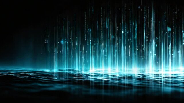 Abstract digital water surface with glowing light beams creating a serene atmosphere in dark
