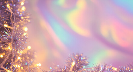Christmas decoration background display concept idea with festive garland and abstract pastel rainbow bokeh lights. Winter holiday modern backdrop design illustration.