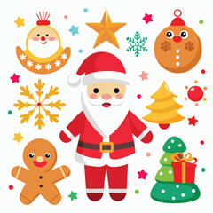 a collection of Christmas-themed illustrations, including Santa Claus, ornaments, wreaths, and gifts on white  background