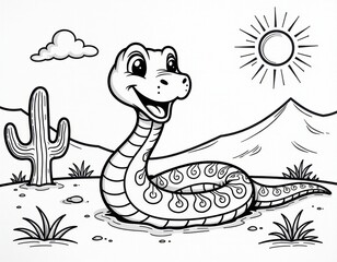 Cute Cartoon Snake in Desert Landscape - Coloring Page