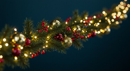 Christmas decoration background display concept design idea with festive garland, red, gold baubles, dark blue backdrop. Winter holiday elegant illustration concept