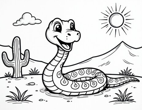 Cute Cartoon Snake in Desert Landscape - Coloring Page