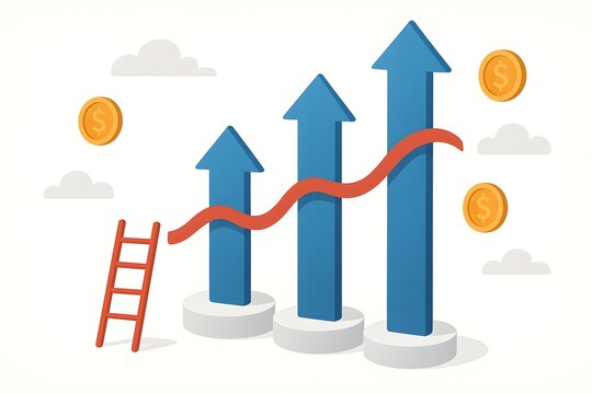 Ascending blue arrows and a red line graph illustrate growth and progress, with a ladder symbolizing the path to success.
