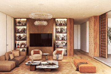 Modern cozy living room with marble shelves and wood accents