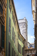 View of some old palaces facades, in the old city centre of Genoa. Is a big city in the Northern Italy, famous for its big commercial and touristick dock (one of the biggest in Europe).