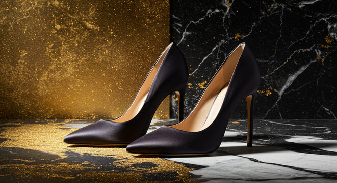 Elegant pair of black stiletto high heel shoes displayed on a dark, subtly textured surface with golden shimmer accents.