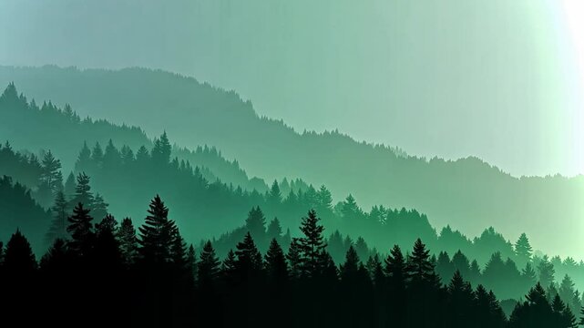 Vibrant forest landscape with misty mountains creating a serene backdrop in nature