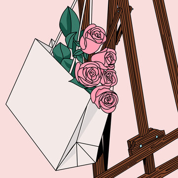 Rose Bouquet in a Bag on Art Easel, Colorful Botanical Vector Illustration for Valentines Concept on Pink Background