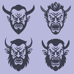 Four menacing devil head icons showcase fierce expressions and prominent horns against a pale purple background.