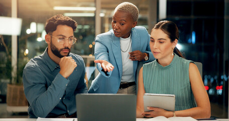 Night, laptop and group of business people in training, planning and discussion for insurance....