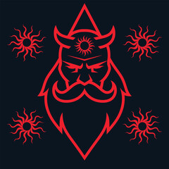 Striking red illustration of a horned, bearded figure with sun motifs against a dark background.