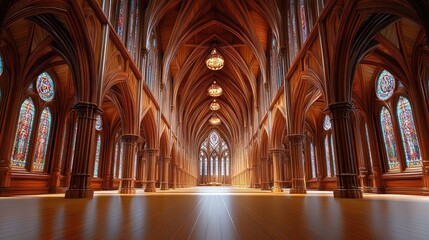 Obraz premium Grand wooden cathedral interior with stained glass and high vaulted ceilings.
