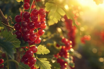 Sunlit red currants in lush garden at golden hour