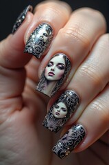 Intricate Nail Art Design Featuring Elegant Portraits and Patterns