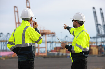 Two men with green safety vests and PPE are working at the port, using the logistics export-import transportation concept.  Two males are working in a logistics shipping yard. Marine and carrier insur