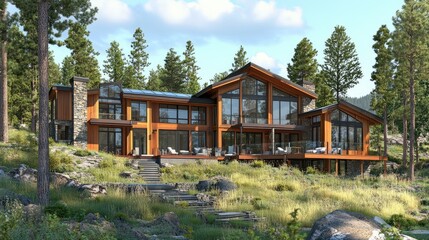 Architectural Wooden Cabin with Large Windows and Stone Staircase on a Green Hillside with Forest and Mountain Views