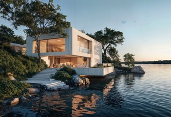Obraz premium a modern, minimalist house with large windows sits on a rocky shoreline at dusk, reflected in the calm water of a lake or bay.