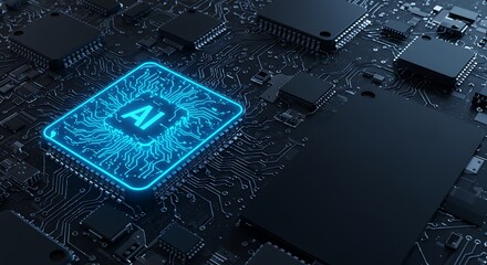 A detailed macro shot captures an illuminated AI chip on a dark circuit board with components.