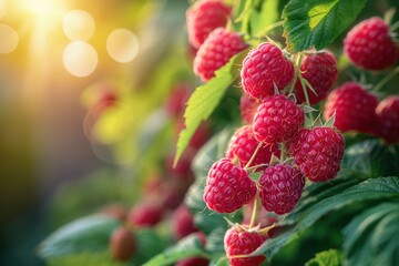 Sunlit raspberry bush with vibrant ripe red berries in a lush garden setting