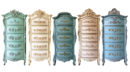 Set of  french provincial chest of drawers in pastel colors, ornate carvings and gold details, vintage shabby chic furniture on transparent background.