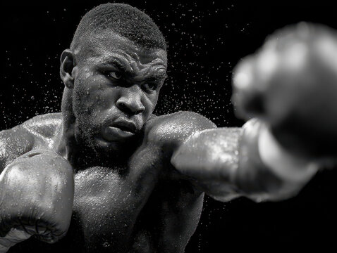 Intense boxing match captured mid-punch with fighters showcasing raw emotion and powerful movements under bright lights