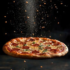 Delicious pizza with toppings falling