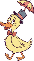 Dapper Cartoon Duck with Top Hat and Tiny Umbrella – Charming and Playful Character Illustration for Kids' Media