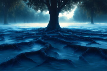 Fototapeta premium Mysterious tree surrounded by fog and intricate roots at dawn in a serene forest environment