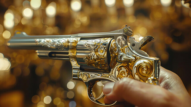  Vintage gold old revolver gun in use. Antique colt revolver gun duel. Ornate gold revolver held in hand on a blur baroque background. Cowboy firearms, trigger released. Old revolver gun and bullets
