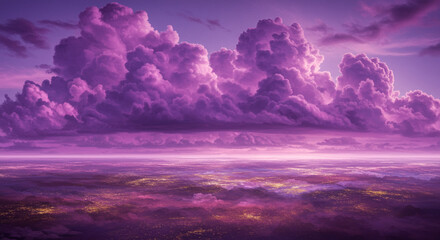 Dramatic purple cloudy sky landscape over calm water reflection at sunset or sunrise. Atmospheric moody nature scene background beauty. Ethereal twilight view.