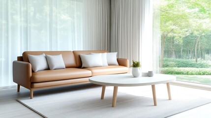 Modern living room with a tan couch and white coffee table