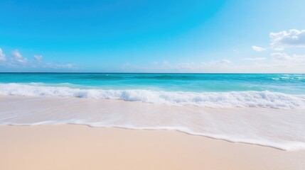 Fototapeta premium Ocean Waves Gentle Shore Vibrant Sunny Style High-resolution Wide Angle Soft Textures Calm Serenity Tropical Seascape Bright Blue Tones Perfect for Vacation Ads