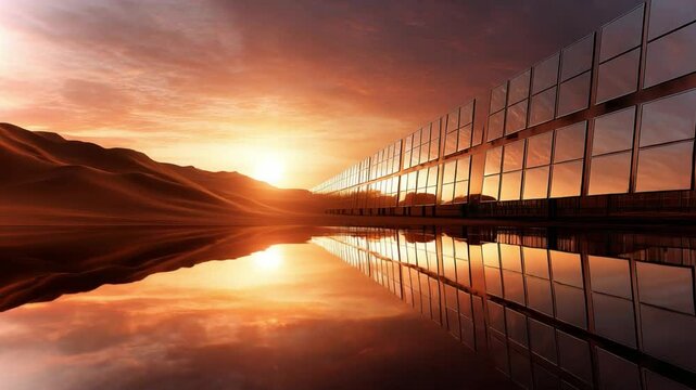 Solar panels reflect the brilliant sunset over tranquil waters in a serene desert landscape