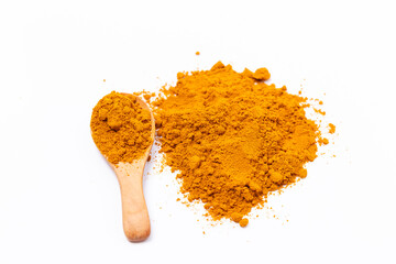 Dry Turmeric powder and turmeric root isolated on white background ,Top view.
