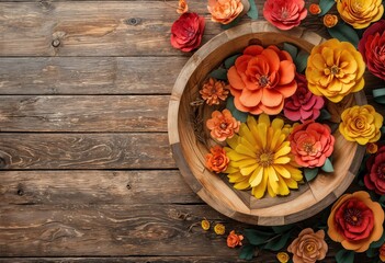 Fototapeta premium a rustic wooden bowl overflowing with vibrant orange, yellow, and reddish-brown paper flowers is displayed on a dark wood surface, creating a warm autumnal scene.