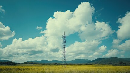 A communication tower stands tall amidst a golden field.