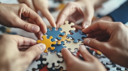 Collaborative effort of diverse hands assembling jigsaw puzzle pieces