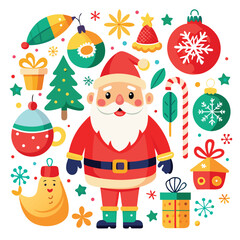 a festive assortment of Christmas icons, from Santa and snowmen to gingerbread men and twinkling stars on white  background