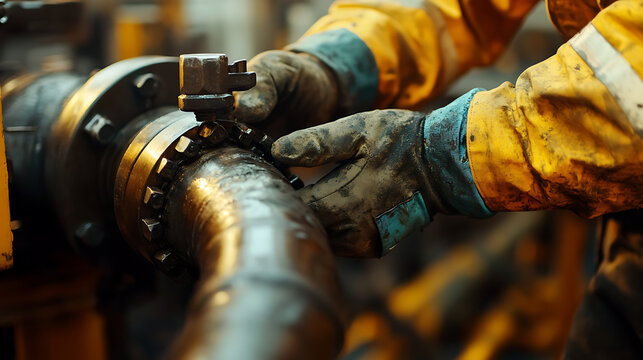 Worker in Protective Gear Adjusting Industrial Pipeline