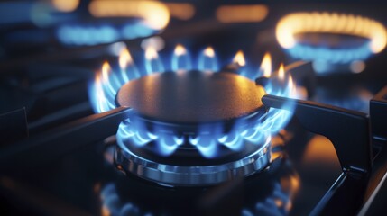 Flames Burning on a Gas Stove Cooktop in a Dark Kitchen Setting for Food Preparation
