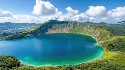 Scenic aerial view of volcanic crater lake with emerald waters and lush greenery