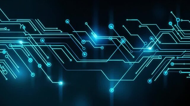 Futuristic circuit design in blue and black, highlighting connectivity and technology
