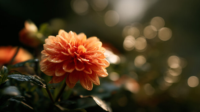 Vibrant orange dahlia rosiness with soft green foliage and bokeh desktop