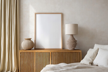 Blank frame for wall art mockup in a modern interior featuring a wooden cabinet, decorative lamp, and vase
