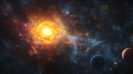 Fiery celestial body amidst a vast cosmic expanse.