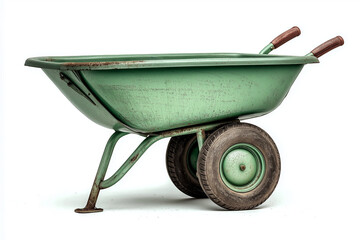 Green wheelbarrow with wooden handles and two wheels, showing signs of rust and wear, isolated on white background, useful for gardening and construction tasks