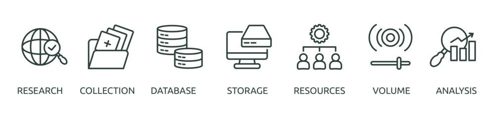 Printbig data outline banner icon of research, collection, database, storage, resources, volume, analysis