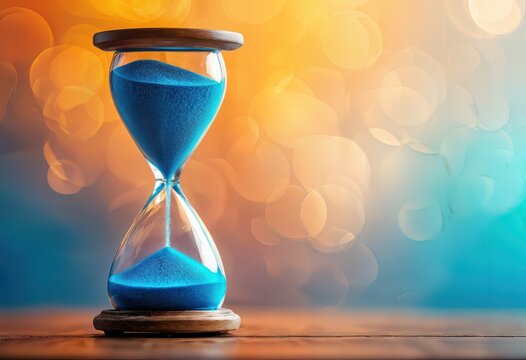 a wooden based hourglass filled with vibrant blue sand stands against a blurred, colorful gradient background of orange and teal.