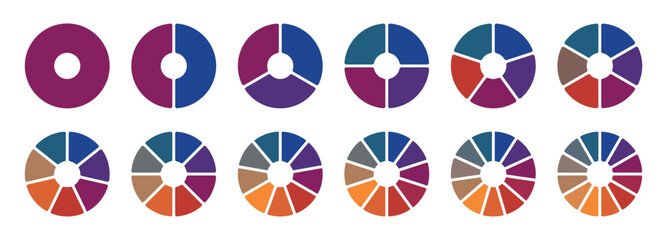 Pie chart color icons. Circle pie chart diagram. Circle section graph. Colorful diagram collection 1,2,3,4,5,6,7,8,9,10 segment infographic. Pie chart circle. Flat process cycle. Progress sectors.
